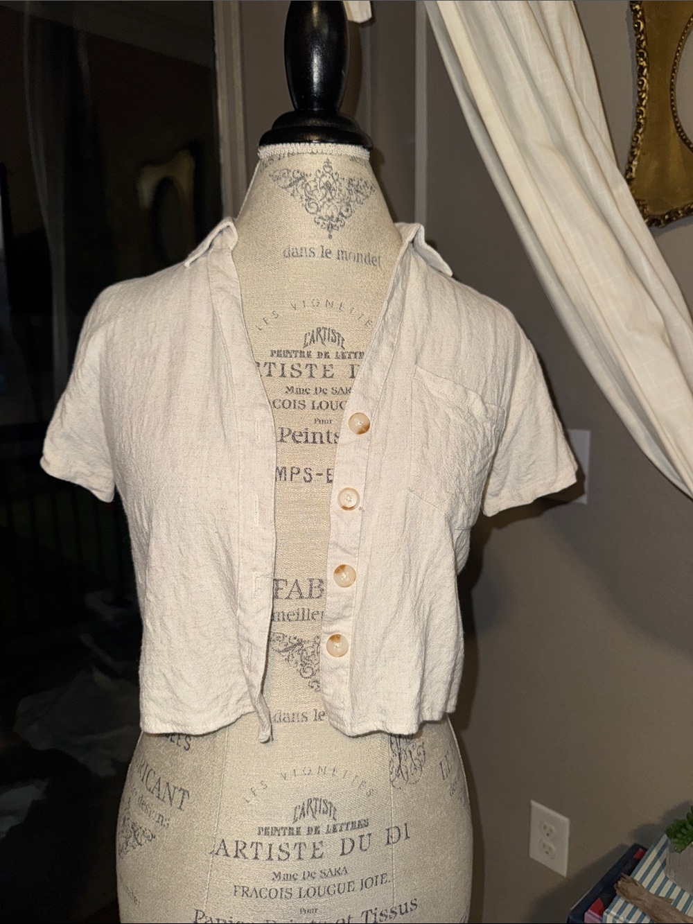 Love Notes Cream Cropped Button-Up Short Sleeve Shirt Linen Color Textured Small